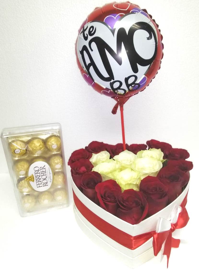 20 Rosas en Caja Corazón, Bombones Ferrero Rocher 150 grs y Globito